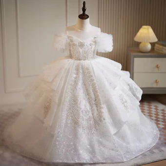 Charming White Beading Sequins Pearl Rhinestone Cascading Ruffles Flower Girl Dresses 2023 Ball Gown Scoop Neck Short Sleeve Sweep Train Birthday Flower Girl Dresses