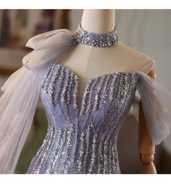 Bling Bling Lavender Beading Sequins Prom Dresses 2025 A-Line / Princess Off-The-Shoulder Sleeveless Backless Floor-Length / Long Formal Dresses