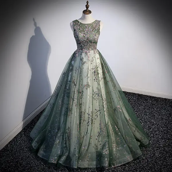 Bling Bling Dark Green Multi-Colors Sequins Prom Dresses 2022 Ball Gown Scoop Neck Sleeveless Backless Floor-Length / Long Prom Formal Dresses