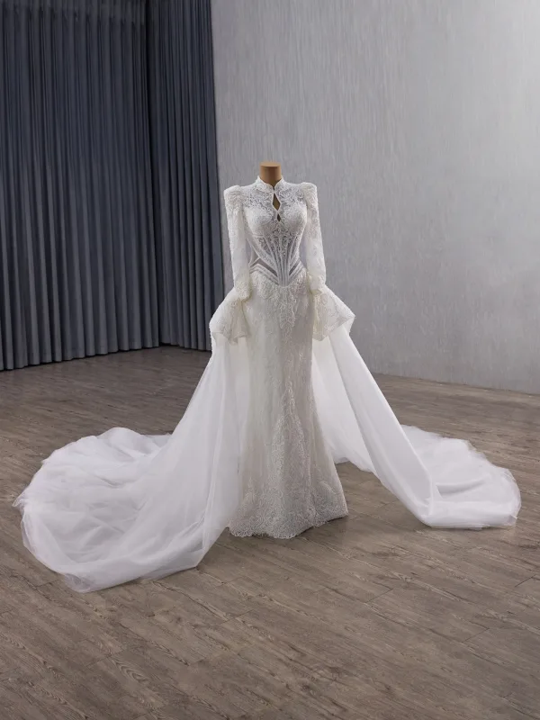 Luxury / Gorgeous White Handmade  Beading Sequins Lace Flower Wedding Dresses 2025 Trumpet / Mermaid High Neck Long Sleeve Backless Royal Train Wedding