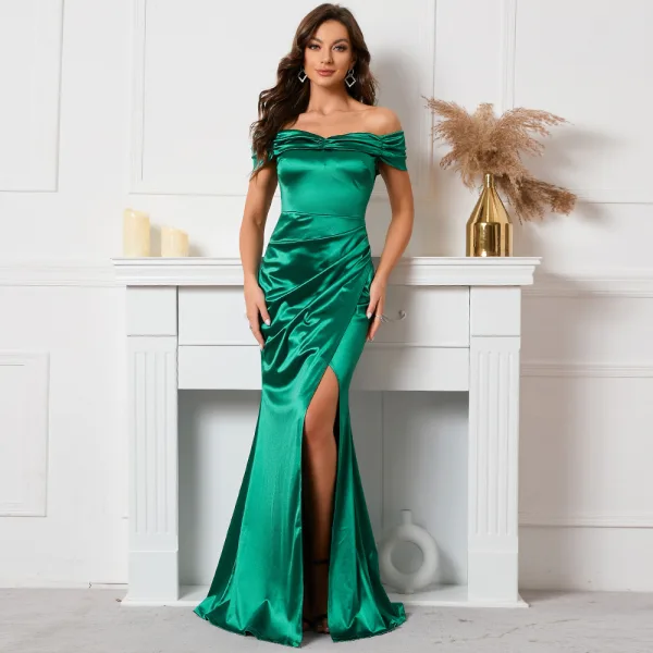 Chic / Beautiful Green Split Front Evening Dresses 2022 Trumpet / Mermaid Off-The-Shoulder Short Sleeve Backless Floor-Length / Long Evening Party Formal Dresses