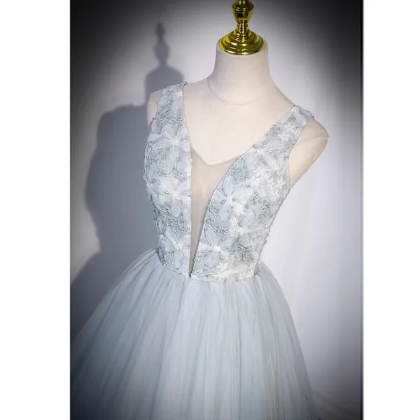 Elegant Sky Blue Beading Printing Prom Dresses 2023 A-Line / Princess V-Neck Sleeveless Backless Floor-Length / Long Prom Formal Dresses