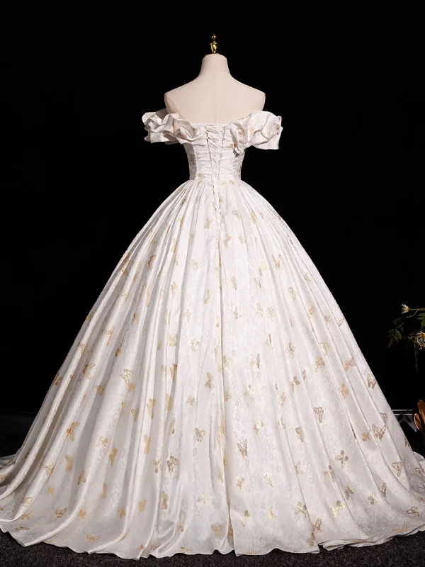 Elegante Ivory / Creme Perle Stickerei Ballkleider 2025 Ballkleid Off Shoulder Kurze Ärmel Rückenfreies Lange Ball Festliche Kleider