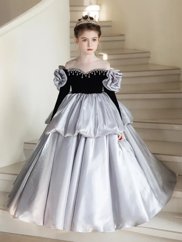 Voluminous Grey Pearl Cascading Ruffles Birthday Flower Girl Dresses 2026 Ball Gown Scoop Neck Long Sleeve Floor-Length / Long