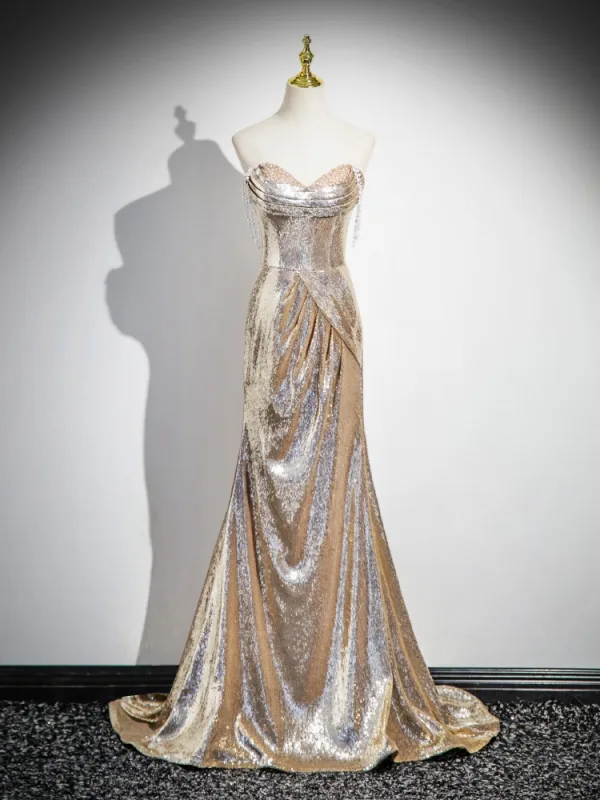 Sexy Scintillantes Doré Paillettes Robe De Soirée 2025 Trompette / Sirène Bustier Sans Manches Dos Nu Train De Balayage Soirée Robe De Ceremonie