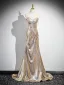 Sexy Scintillantes Doré Paillettes Robe De Soirée 2025 Trompette / Sirène Bustier Sans Manches Dos Nu Train De Balayage Soirée Robe De Ceremonie