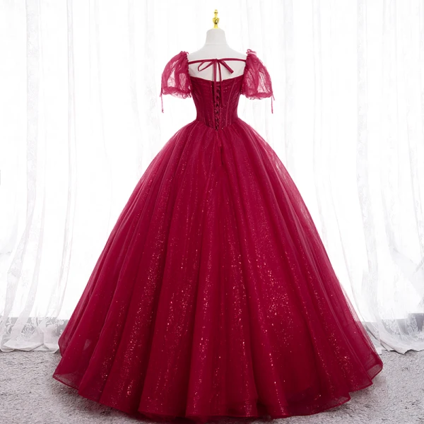 Elegant Burgundy Beading Pearl Prom Dresses 2022 Ball Gown Square Neckline Short Sleeve Backless Bow Floor-Length / Long Prom Formal Dresses