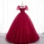 Elegant Burgundy Beading Pearl Prom Dresses 2022 Ball Gown Square Neckline Short Sleeve Backless Bow Floor-Length / Long Prom Formal Dresses