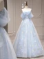 Flower Fairy Sky Blue Appliques Prom Dresses 2023 A-Line / Princess Off-The-Shoulder Sleeveless Backless Floor-Length / Long Prom Formal Dresses