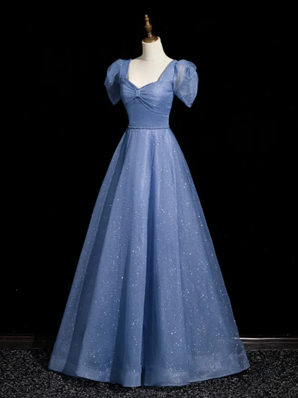 Chic / Beautiful Ocean Blue Sequins Prom Dresses 2023 A-Line / Princess Square Neckline Short Sleeve Backless Floor-Length / Long Prom Formal Dresses