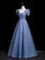 Chic / Beautiful Ocean Blue Sequins Prom Dresses 2023 A-Line / Princess Square Neckline Short Sleeve Backless Floor-Length / Long Prom Formal Dresses