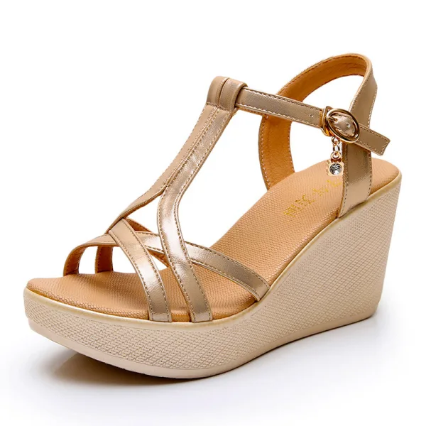Modest / Simple Gold Street Wear Womens Sandals 2023 Waterproof T-Strap 8 cm Wedges Open / Peep Toe Sandals