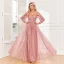 Elegant Blushing Pink Prom Dresses 2024 A-Line / Princess V-Neck Long Sleeve Backless Floor-Length / Long Prom Formal Dresses