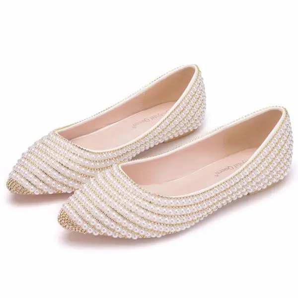 Scintillantes Doré Perle Faux Diamant Plate Chaussure De Mariée 2023 À Bout Pointu Chaussure De Mariée