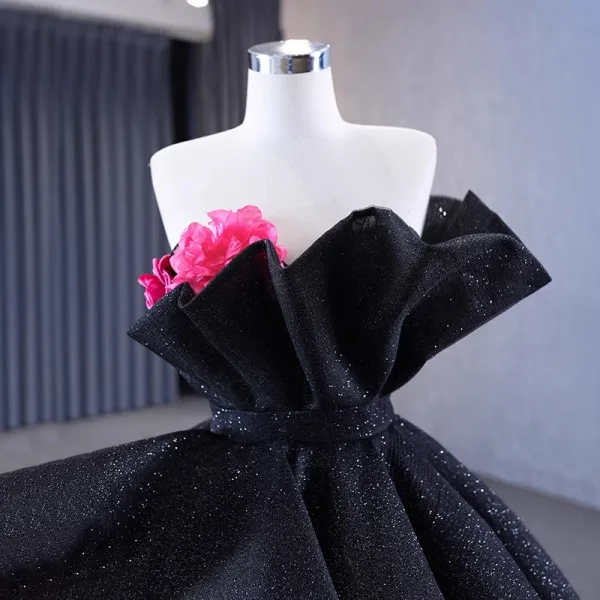 High-end Flower Fairy Black Appliques Sequins Prom Dresses 2023 Ball Gown Strapless Sleeveless Backless Sweep Train Prom Formal Dresses
