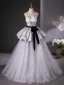Elegant Grey Bow Sash Printing Prom Dresses 2025 Ball Gown Strapless Sleeveless Backless Floor-Length / Long Prom Formal Dresses