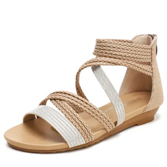 Comfortable Beige Beach Braid Womens Sandals 2022 Open Peep Toe Flat Sandals