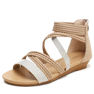 Confortable Beige Plage Tresser Sandales Femme 2022 Peep Toes Bout Ouvert Plate Sandales