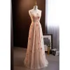 Flower Fairy Blushing Pink Sequins Prom Dresses 2023 A-Line / Princess Square Neckline Puffy Long Sleeve Backless Floor-Length / Long Prom Formal Dresses