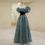 Vintage / Retro Ink Blue Prom Dresses 2022 A-Line / Princess Square Neckline Puffy Short Sleeve Backless Floor-Length / Long Prom Formal Dresses