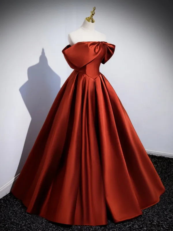 Chic / Beautiful Red Satin Prom Dresses 2023 Ball Gown Off-The-Shoulder Short Sleeve Backless Floor-Length / Long Prom Formal Dresses
