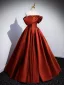 Chic / Beautiful Red Satin Prom Dresses 2023 Ball Gown Off-The-Shoulder Short Sleeve Backless Floor-Length / Long Prom Formal Dresses