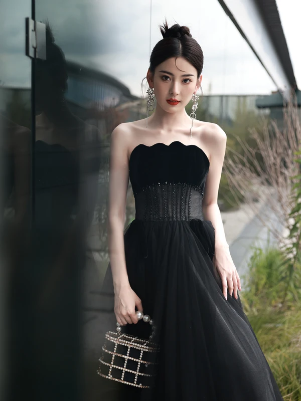 Sexy Black Beading Evening Dresses 2024 A-Line / Princess Off-The-Shoulder Sleeveless Backless Floor-Length / Long Evening Party Formal Dresses