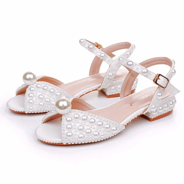 Élégant Blanche Perle Plate Chaussure De Mariée 2025 Peep Toes / Bout Ouvert Mariage Sandales