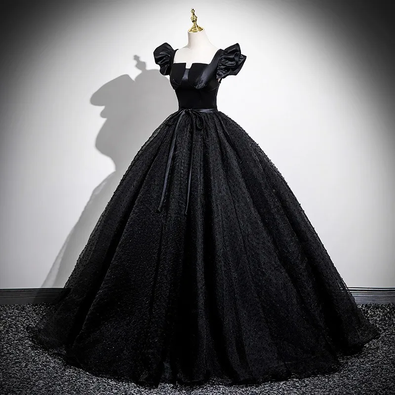 Elegant Black Glitter Prom Dresses 2025 Ball Gown Square Neckline Bow Sash Cap Sleeves