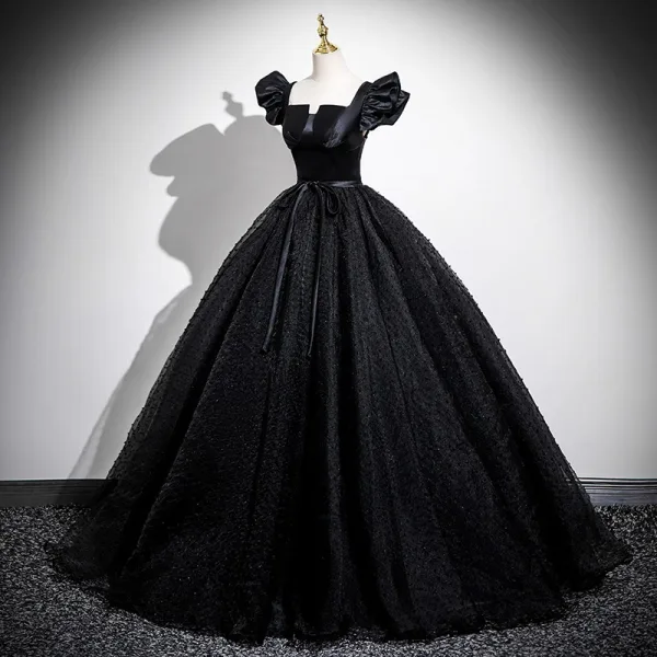 Elegant Black Glitter Prom Dresses 2025 Ball Gown Square Neckline Bow Sash Cap Sleeves