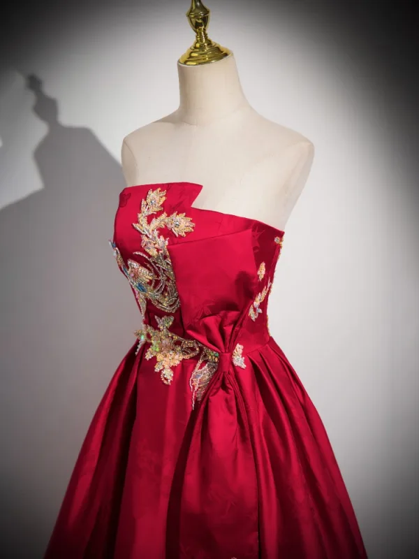 Chinese style Burgundy Beading Embroidered Prom Dresses 2024 Satin Ball Gown Strapless Sleeveless Backless Floor-Length / Long Prom Formal Dresses