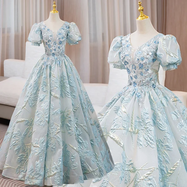 Elegant Sky Blue Printing Sequins Prom Dresses 2024 Ball Gown V-Neck Short Sleeve Backless Floor-Length / Long Prom Formal Dresses