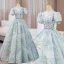 Elegant Sky Blue Printing Sequins Prom Dresses 2024 Ball Gown V-Neck Short Sleeve Backless Floor-Length / Long Prom Formal Dresses