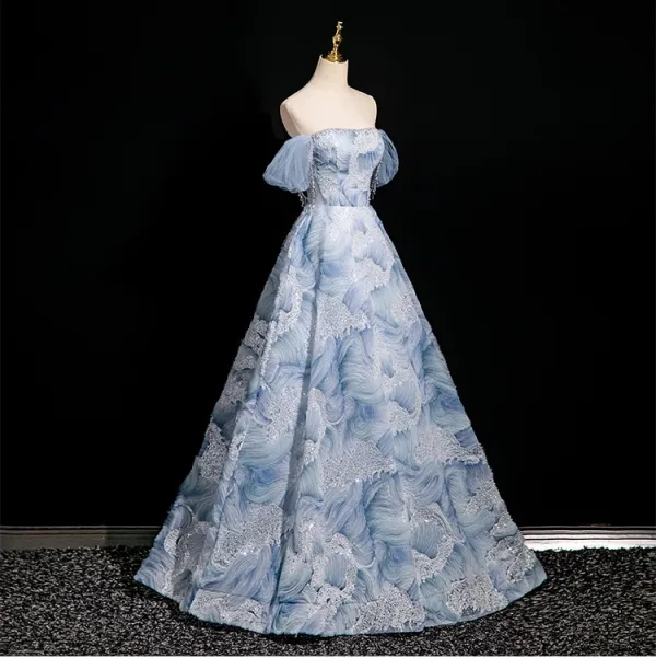 Elegant Sky Blue Beading Sequins Prom Dresses 2025 Ball Gown Off-The-Shoulder Short Sleeve Backless Floor-Length / Long Prom Formal Dresses