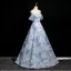 Elegant Sky Blue Beading Sequins Prom Dresses 2025 Ball Gown Off-The-Shoulder Short Sleeve Backless Floor-Length / Long Prom Formal Dresses