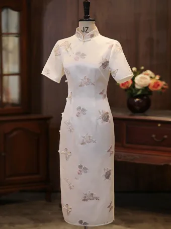 Chinese Style White Butterfly Embroidered Cheongsam 2026 Trumpet Mermaid High Neck Short Sleeve Tea Length