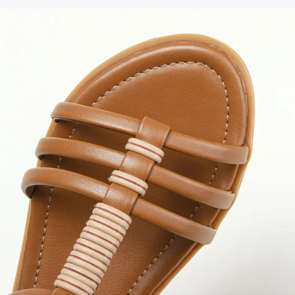 Romain Été Beige Vêtement de rue Plage Plate Sandales Femme 2022 T-Strap Peep Toes / Bout Ouvert Sandales