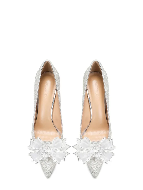 Scintillantes Argenté Faux Diamant Noeud Paillettes Chaussure De Mariée 2025 8 cm Talons Aiguilles À Bout Pointu Mariage Escarpins Talons Hauts