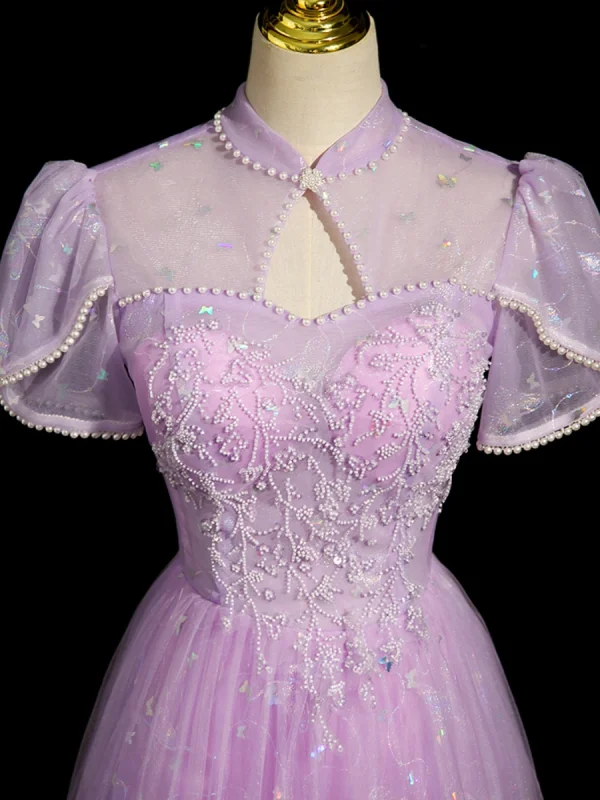 Chic / Beautiful Lilac Beading Pearl Sequins Prom Dresses 2023 A-Line / Princess High Neck Short Sleeve Floor-Length / Long Prom Formal Dresses