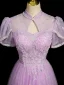 Chic / Beautiful Lilac Beading Pearl Sequins Prom Dresses 2023 A-Line / Princess High Neck Short Sleeve Floor-Length / Long Prom Formal Dresses