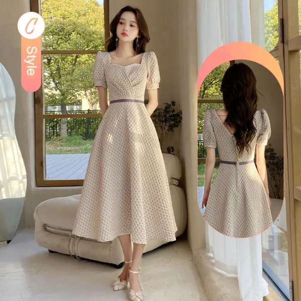 Modest / Simple Beige Bridesmaid Dresses 2022 A-Line / Princess Short Sleeve Backless Tea-length Bridesmaid