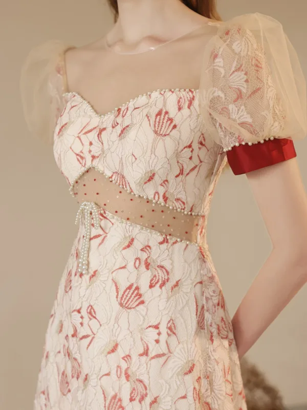 Mode Rouge Perle Noeud Paillettes Robe De Soirée 2023 Princesse Encolure Dégagée Gonflée Manches Courtes Dos Nu Longue Soirée Robe De Ceremonie