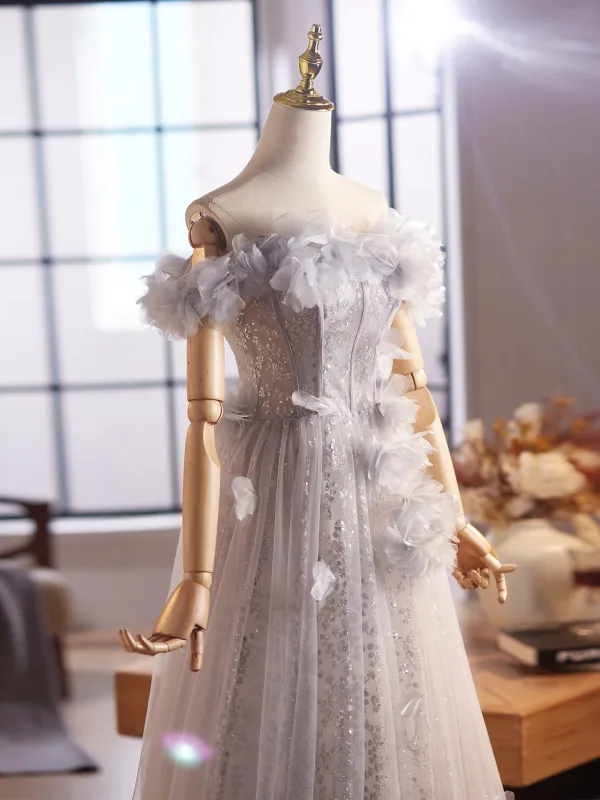 Chic / Belle Gris Appliques Paillettes Robe De Bal 2025 Princesse De l'épaule Sans Manches Dos Nu Longue Robe De Ceremonie