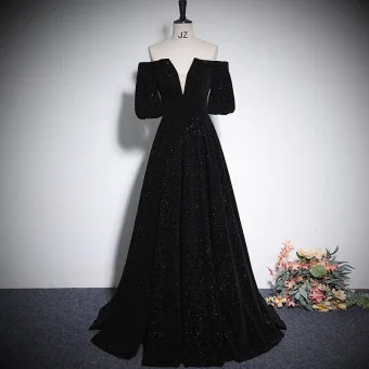 Style Audrey Hepburn Noire Paillettes Velours Robe De Soirée 2023 De L Épaule Princesse Manches Courtes Dos Nu Longue Soirée Robe De Ceremonie