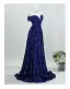 Vintage Glitzernden Marineblau Pailletten Abendkleider 2026 A Linie Off Shoulder Kurze Ärmel Rückenfreies Sweep / Pinsel Zug Festliche Kleider