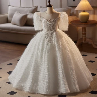 Elegant White Beading Pearl Sequins Lace Flower Tassel Wedding Flower Girl Dresses 2024 Ball Gown Scoop Neck Short Sleeve Floor Length Long