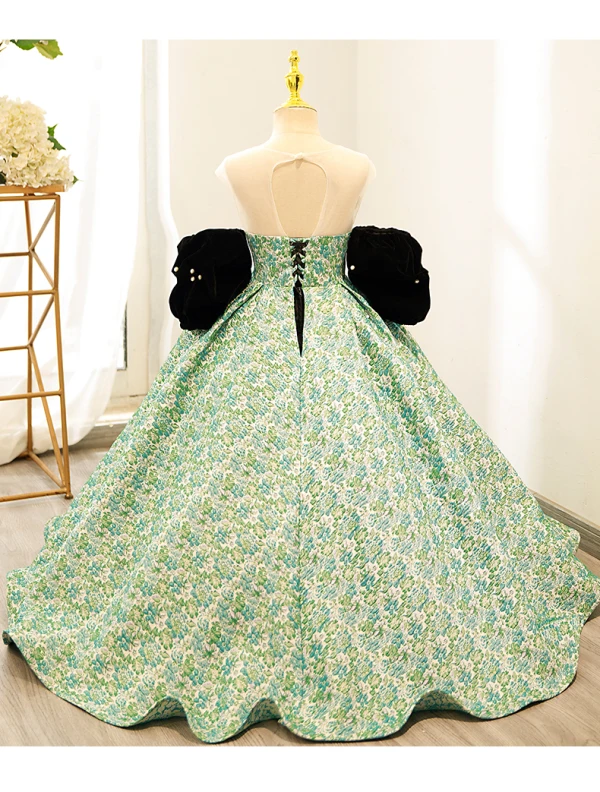 Elegant Sage Green Floral Birthday Flower Girl Dresses 2024 Ball Gown Strapless Bow Rhinestone Short Sleeve Backless Floor-Length / Long