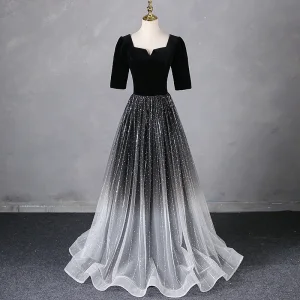 Élégant Noire Faux Diamant Paillettes Robe De Bal 2024 Princesse Encolure Carrée Manches Courtes Dos Nu Longue Promo Robe De Ceremonie