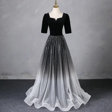 Elegant Black Rhinestone Sequins Prom Dresses 2024 A Line Princess Square Neckline Short Sleeve Backless Floor Length Long Prom Formal Dresses