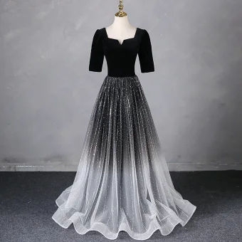 Elegant Black Rhinestone Sequins Prom Dresses 2024 A Line Princess Square Neckline Short Sleeve Backless Floor Length Long Prom Formal Dresses